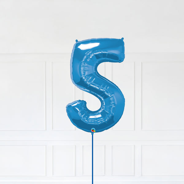 Number 5 Foil Balloon Inflated With Helium, Blue Color Number Five with Balloon String and Balloon Weight.