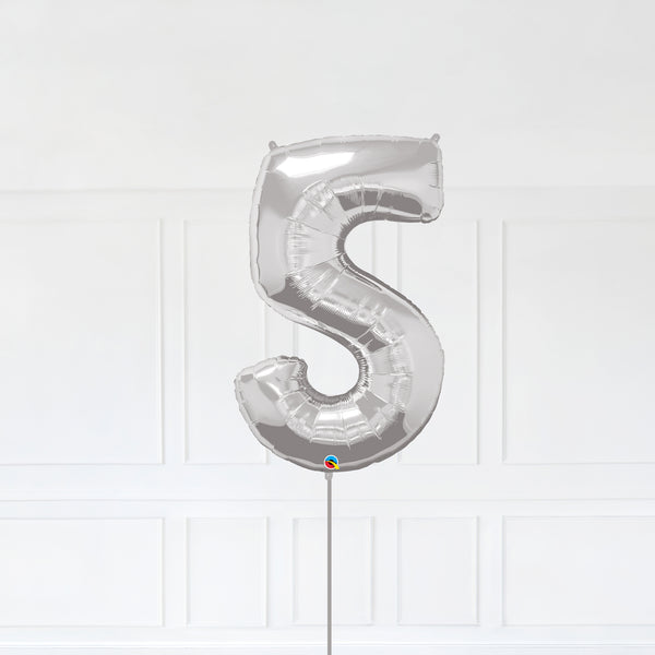 Number 5 Foil Balloon Inflated With Helium, Silver Color Number Five with Balloon String and Balloon Weight.