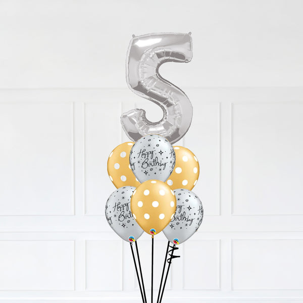 Customizable Number 5 Balloon Bouquet Silver Micro Foil Balloon with Latex Balloons