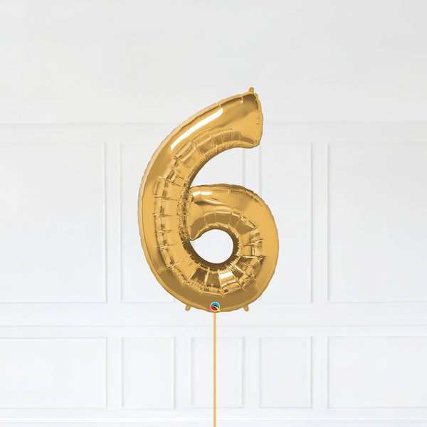 Number 6 Foil Balloon Inflated With Helium, Gold Color Number Six with Balloon String and Balloon Weight.