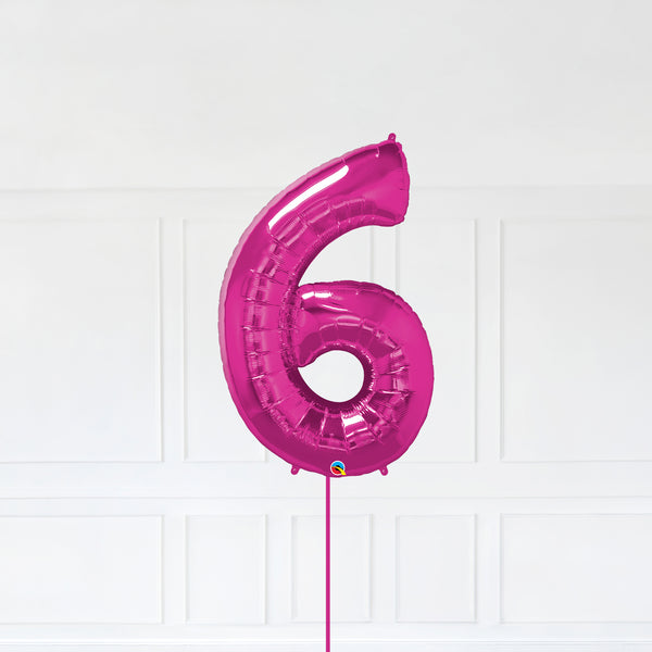 Number 6 Foil Balloon Inflated With Helium, Magenta (Dark Pink) Color Number Six with Balloon String and Balloon Weight.