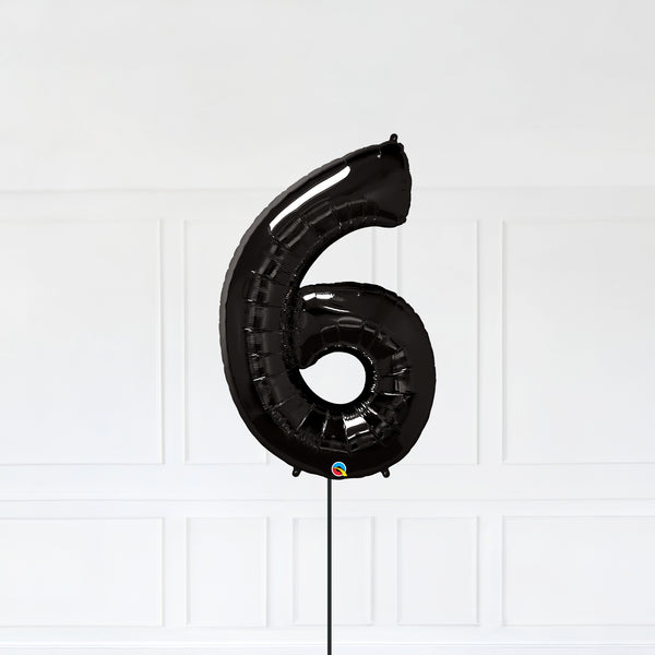 Number 6 Foil Balloon Inflated With Helium, Black Color Number Six with Balloon String and Balloon Weight.