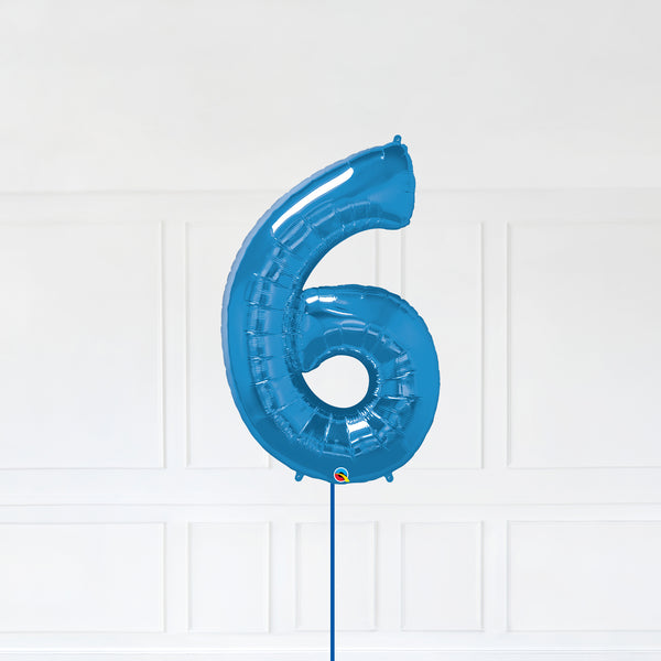 Number 6 Foil Balloon Inflated With Helium, Blue Color Number Six with Balloon String and Balloon Weight.