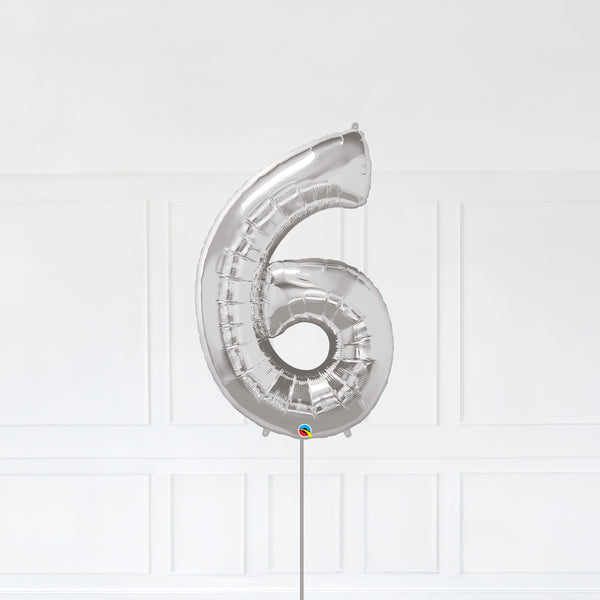 Number 6 Foil Balloon Inflated With Helium, Silver Color Number Six with Balloon String and Balloon Weight.