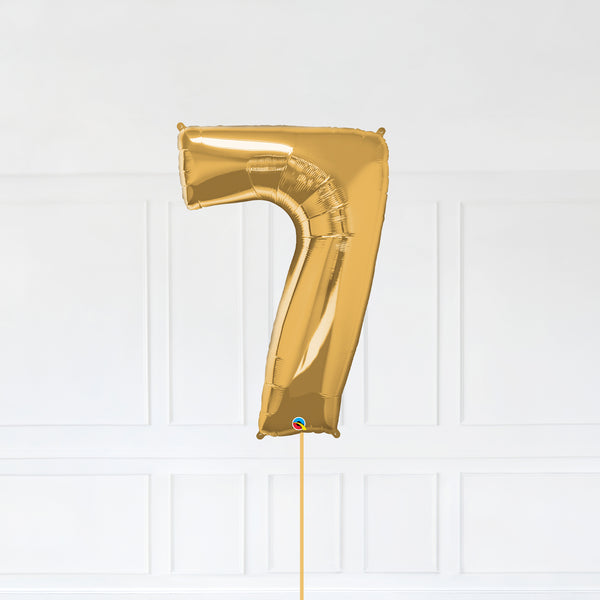 Number 7 Foil Balloon Inflated With Helium, Gold Color Number Seven with Balloon String and Balloon Weight.