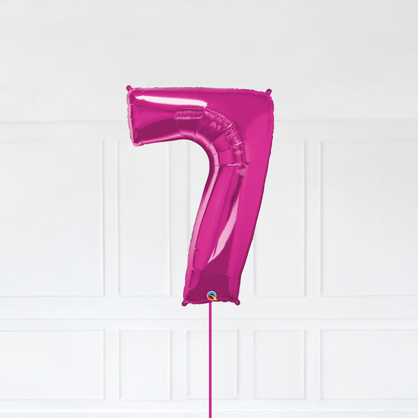 Number 7 Foil Balloon Inflated With Helium, Magenta (Dark Pink) Color Number Seven with Balloon String and Balloon Weight.