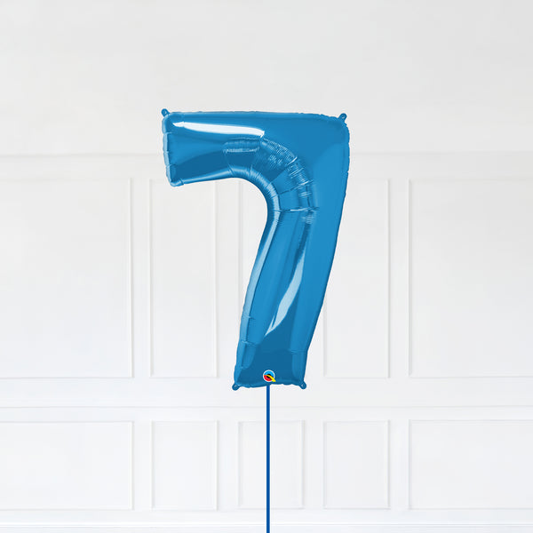 Number 7 Foil Balloon Inflated With Helium, Blue Color Number Seven with Balloon String and Balloon Weight.