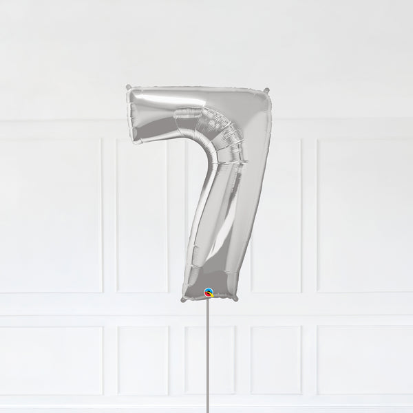 Number 7 Foil Balloon Inflated With Helium, Silver Color Number Seven with Balloon String and Balloon Weight.