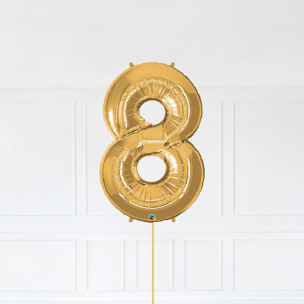 Number 8 Foil Balloon Inflated With Helium, Gold Color Number Eight with Balloon String and Balloon Weight.