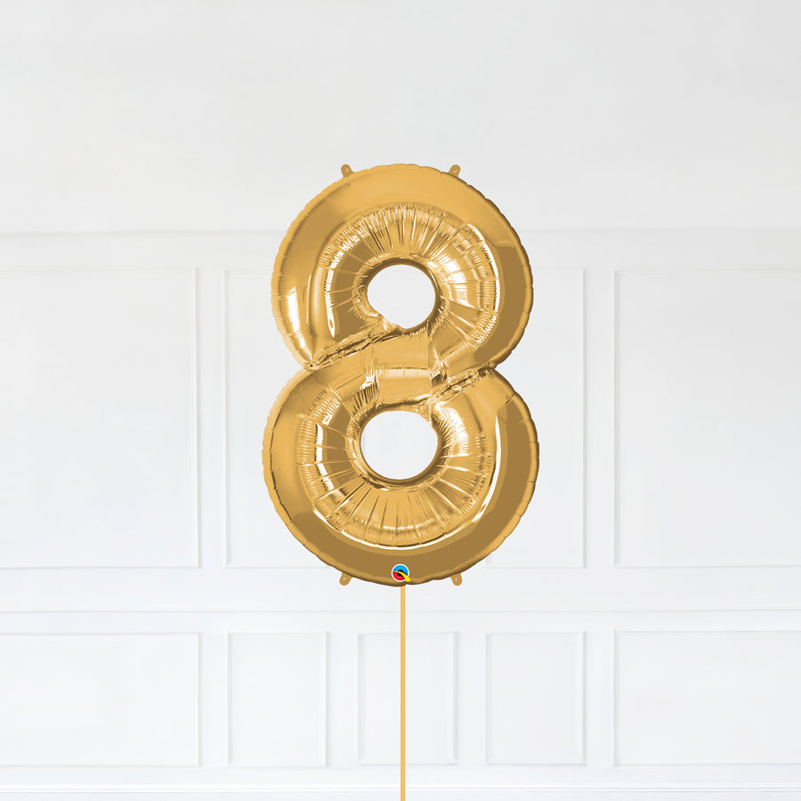 Number 8 Foil Balloon Inflated With Helium, Gold Color Number Eight with Balloon String and Balloon Weight.