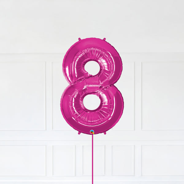 Number 8 Foil Balloon Inflated With Helium, Magenta (Dark Pink) Color Number Eight with Balloon String and Balloon Weight.