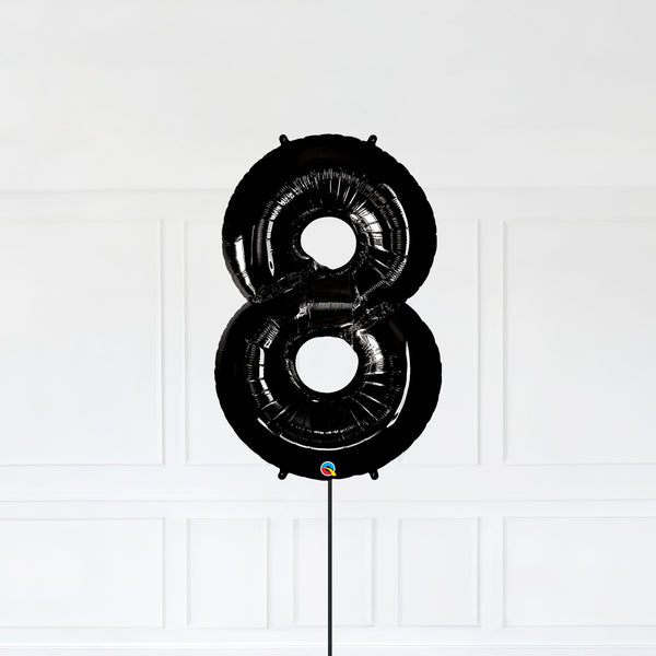 Number 8 Foil Balloon Inflated With Helium, Black Color Number Eight with Balloon String and Balloon Weight.