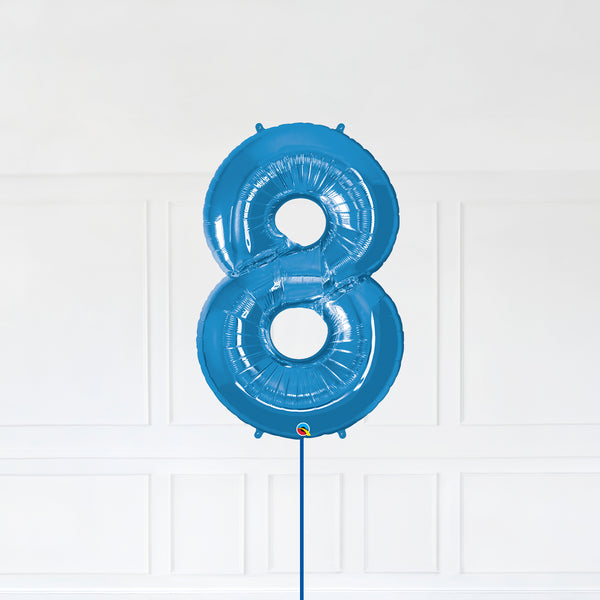 Number 8 Foil Balloon Inflated With Helium, Blue Color Number Eight with Balloon String and Balloon Weight.