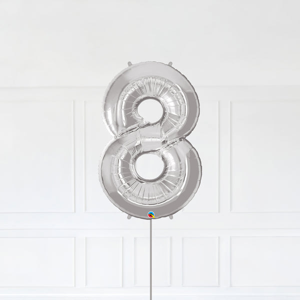 Number 8 Foil Balloon Inflated With Helium, Silver Color Number Eight with Balloon String and Balloon Weight.