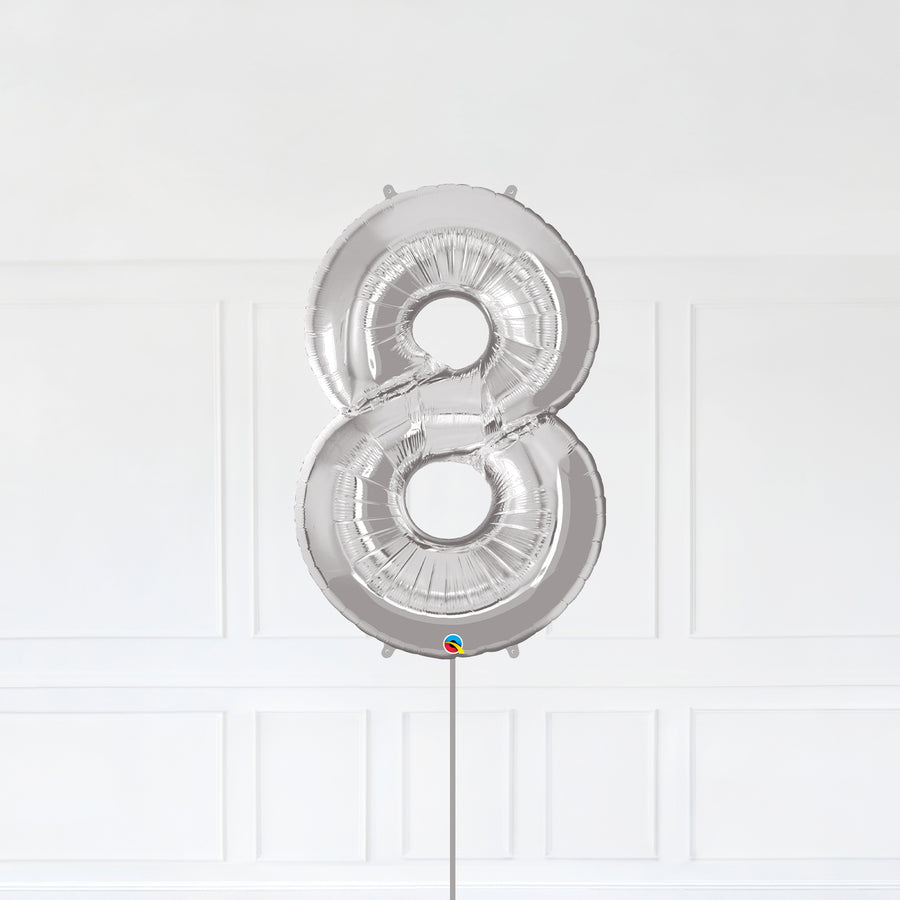 Number 8 Foil Balloon Inflated With Helium, Silver Color Number Eight with Balloon String and Balloon Weight.