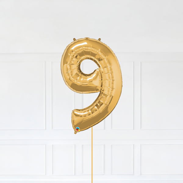 Number 9 Foil Balloon Inflated With Helium, Gold Color Number Nine with Balloon String and Balloon Weight.