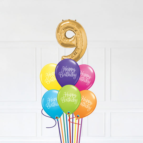 Customizable Number 9 Balloon Bouquet Gold Micro Foil Balloon with Latex Happy Birthday Balloons