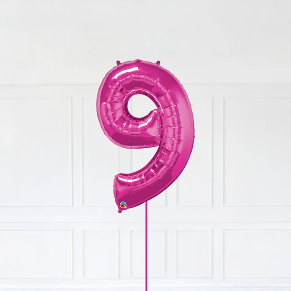 Number 9 Foil Balloon Inflated With Helium, Magenta (Dark Pink) Color Number Nine with Balloon String and Balloon Weight.