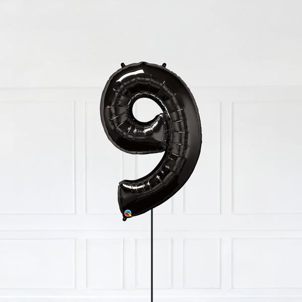 Number 9 Foil Balloon Inflated With Helium, Black Color Number Nine with Balloon String and Balloon Weight.