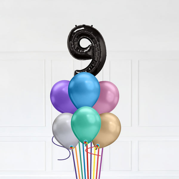 Customizable Number 9 Balloon Bouquet Onyx Black Micro Foil Balloon with Latex Balloons