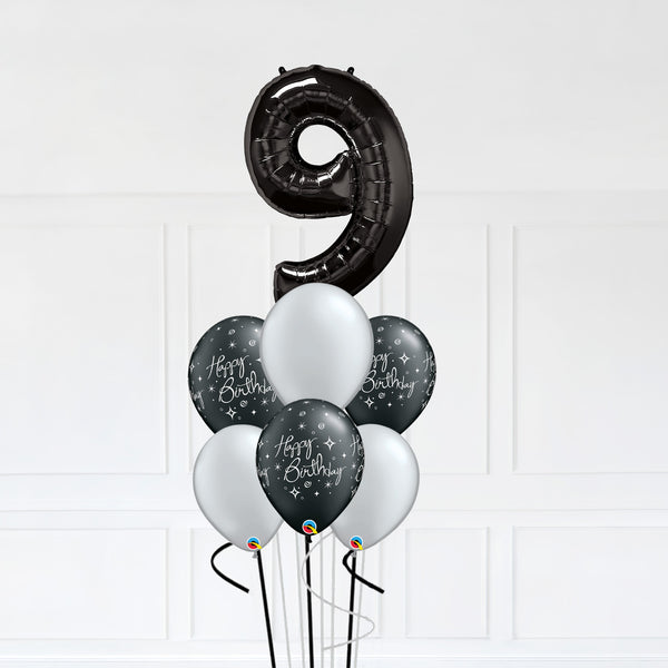 Customizable Number 9 Balloon Bouquet Onyx Black Micro Foil Balloon with Latex Happy Birthday Balloons