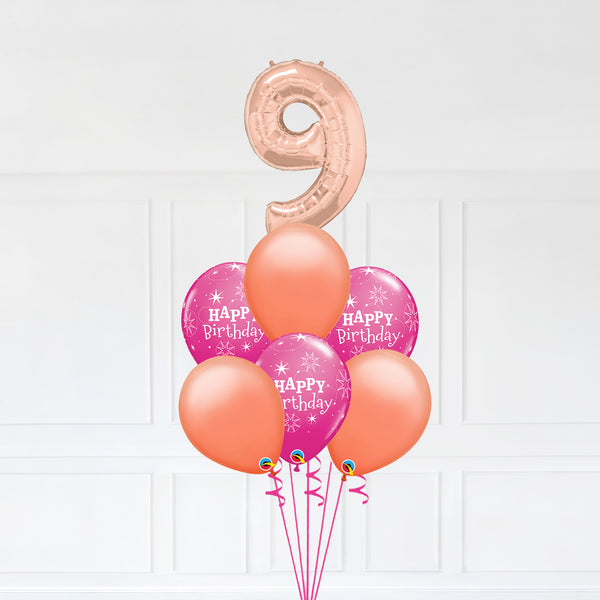 Customizable Number 9 Balloon Bouquet Rose Gold Micro Foil Balloon with Happy Birthday Latex Balloons