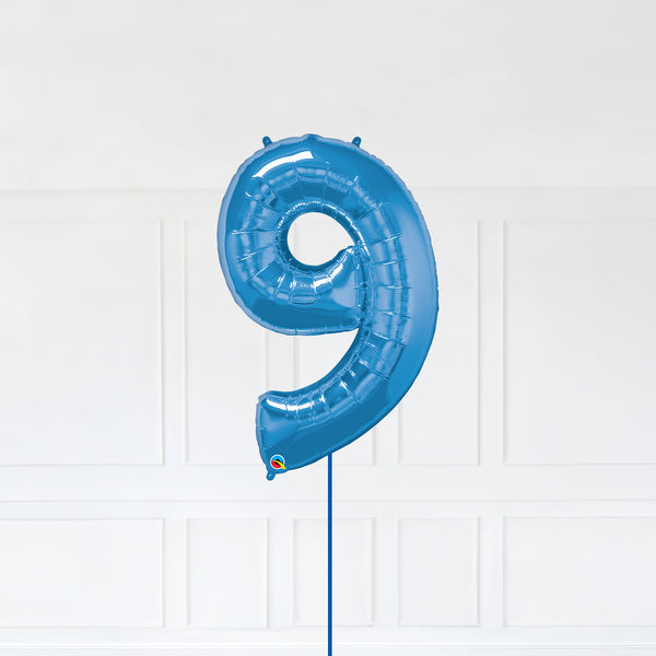 Number 9 Foil Balloon Inflated With Helium, Blue Color Number Nine with Balloon String and Balloon Weight.