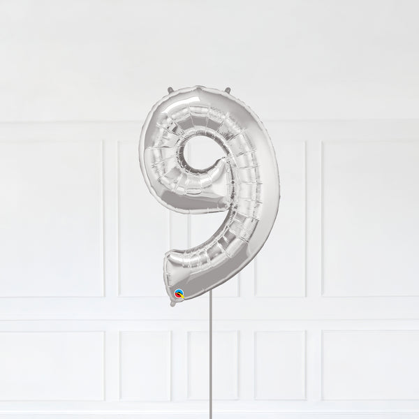 Number 9 Foil Balloon Inflated With Helium, Silver Color Number Nine with Balloon String and Balloon Weight.