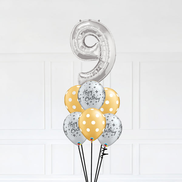 Customizable Number 9 Balloon Bouquet Silver Micro Foil Balloon with Latex Balloons