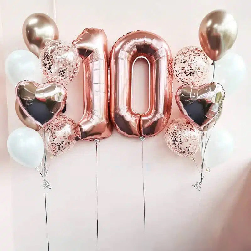 Customizable Rose Gold Helium Balloon Bouquet for 10th Birthday and Any Age