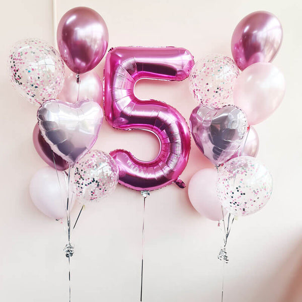 Customizable Pink Helium Balloon Bouquet with Heart-Shaped Balloon - 5th Birthday and Any Age