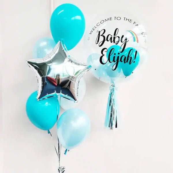 Customizable Light Blue Helium Balloon Bouquet - Personalized Message