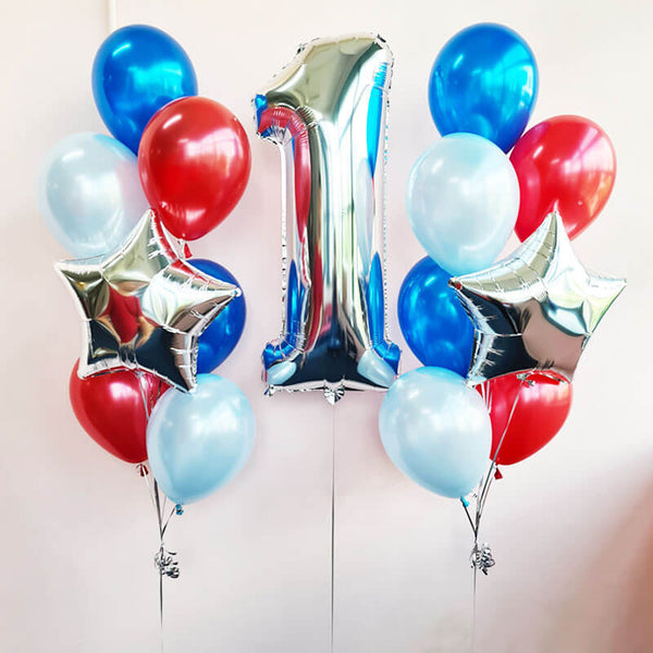 Customizable Blue & Red Helium Balloon Bouquet with Heart-Shaped Balloon - 1st Birthday and Any Age