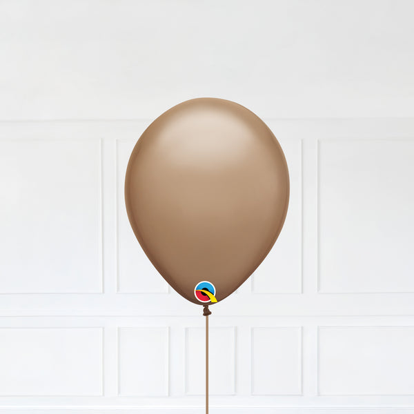 Mocha Brown color Latex balloon inflated with helium and a matching with 1.5 meter ribbon