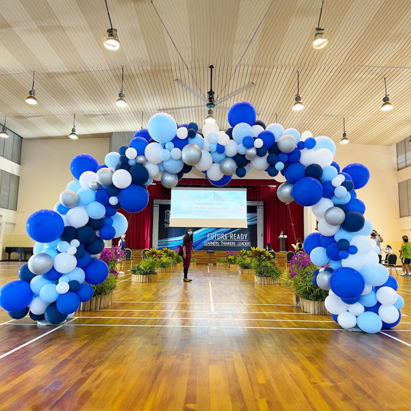 Organic Balloon Arch Decor - Blue, White, Light Blue and Black Balloons