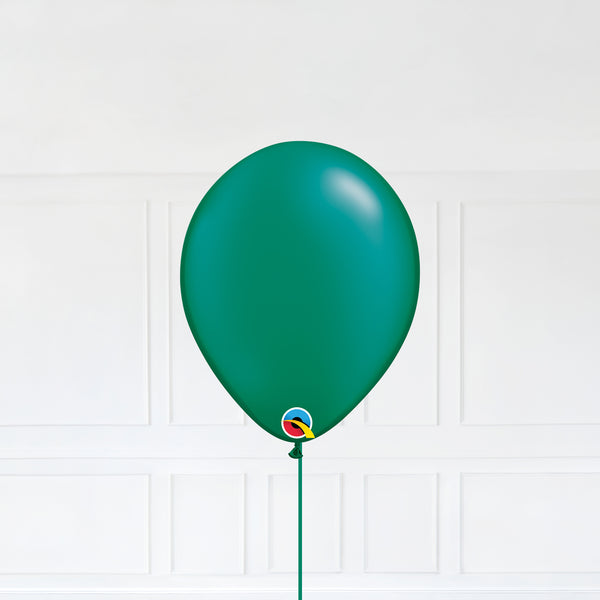 Radiant Pearl Emerald Green color Latex balloon inflated with helium and a matching with 1.5 meter ribbon