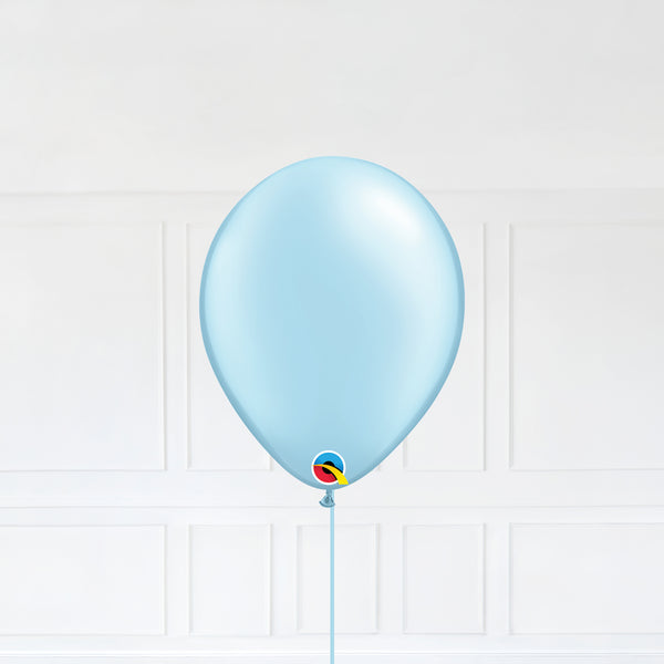 Pastel Pearl Light Blue color Latex balloon inflated with helium and a matching with 1.5 meter ribbon