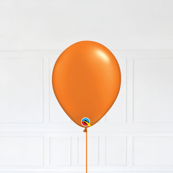 Radiant Pearl Mandarin Orange color Latex balloon inflated with helium and a matching with 1.5 meter ribbon