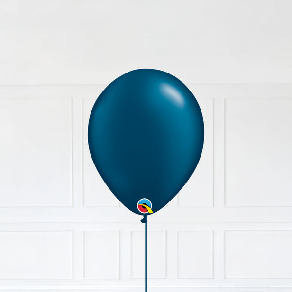 Radiant Pearl Midnight Blue color Latex balloon inflated with helium and a matching with 1.5 meter ribbon