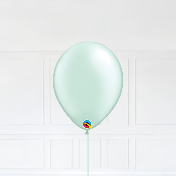 Pastel Pearl Mint Green color Latex balloon inflated with helium and a matching with 1.5 meter ribbon