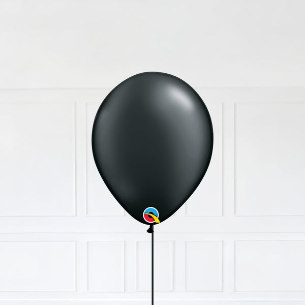 Radiant Pearl Onyx Black color Latex balloon inflated with helium and a matching with 1.5 meter ribbon