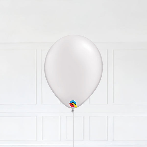 Pastel Pearl White color Latex balloon inflated with helium and a matching with 1.5 meter ribbon