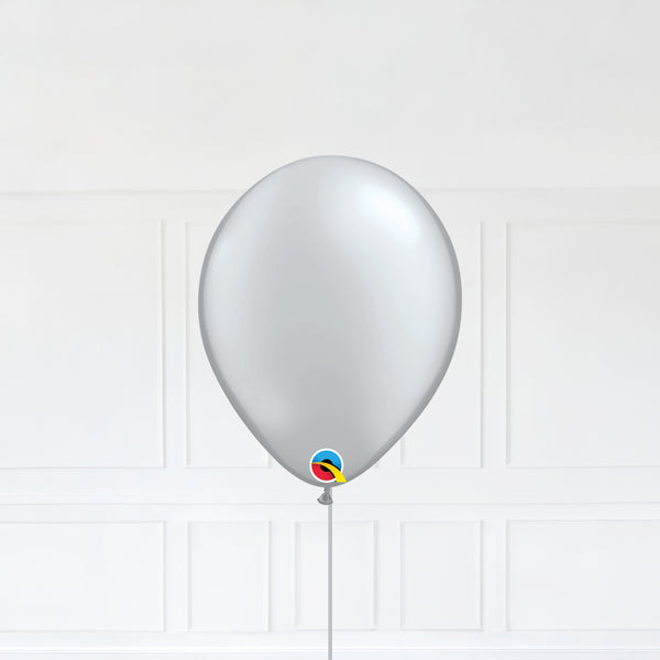 Silver color Latex balloon inflated with helium and a matching with 1.5 meter ribbon