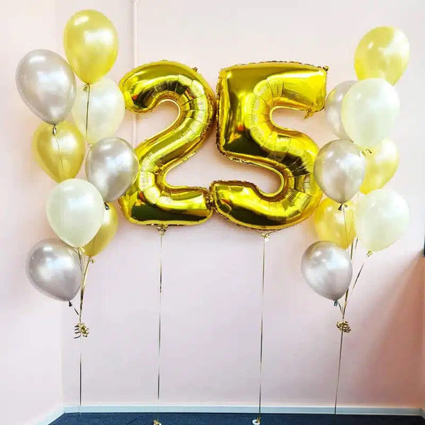 Customizable 25th Birthday Balloon Bouquet Decoration: Silver and yellow Helium Balloons - Any Age