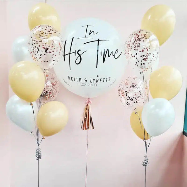 Personalized Chrome Rose Gold, Silver & White Latex and Confetti Helium Balloon Bouquet with Custom Text