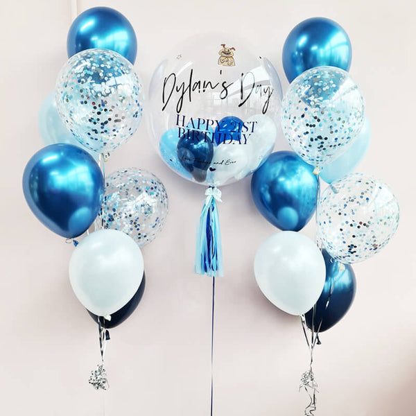 Custom Text Birthday Balloons - Blue with Silver Confetti Balloons