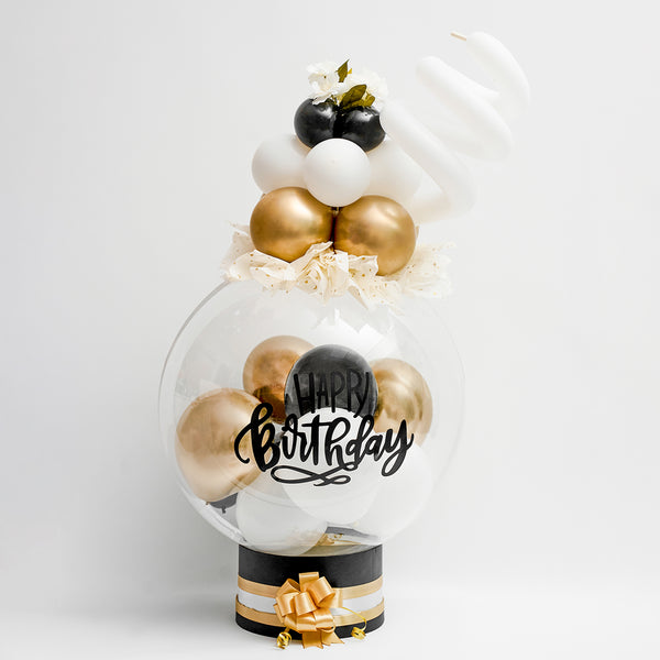 Customized Birthday Message White, Black and Gold Balloons