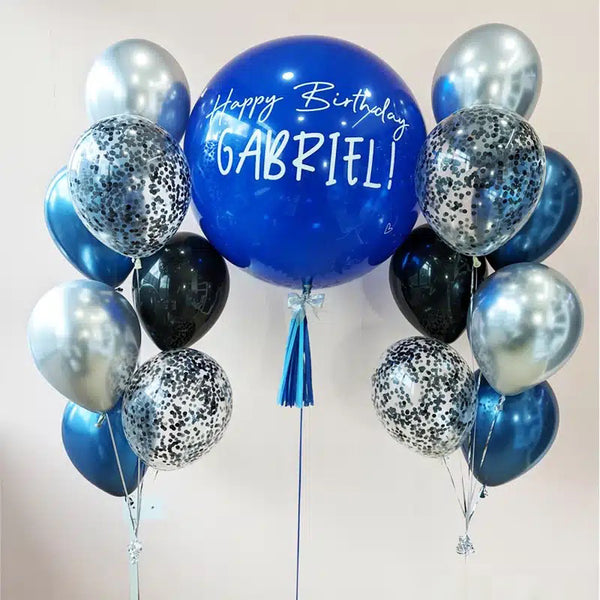 Personalized Blue & Silver Chrome Helium Balloon Bouquet with Custom Text