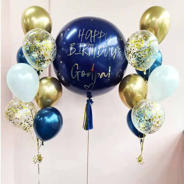 Personalized Chrome Gold, Blue & White Helium Balloon Bouquet with Confetti and Custom Text