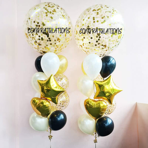 Congratulations Balloon Bouquet: Personalized Chrome Gold, Blue & White with Confetti and Custom Text